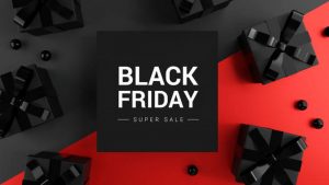 Black Friday Super Sale. Realistic black gifts boxes on dark and red background. Banner poster, header website. 3d rendeÿÛ